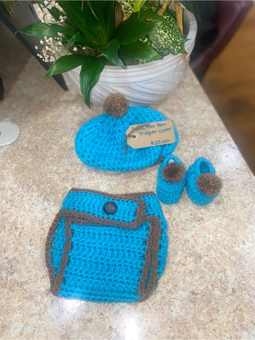 Handmade Crochet Beanie, Diaper Cover & Booties Set - Brown and Bright Turquoise - Picture 2 of 6